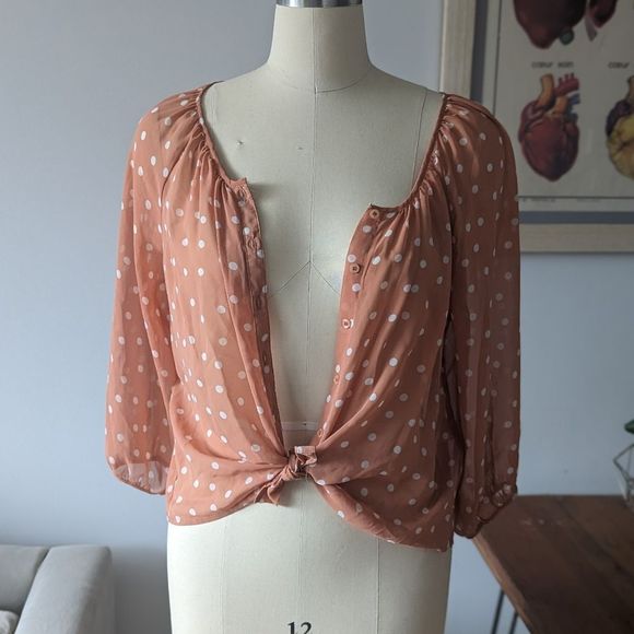 $5 in bundle - oversized Peach polka dot blouse XS - Picture 1 of 4